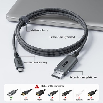 Kábel Acer USB-C DisplayPort (4K @ 60Hz, 2K @ 165Hz), kábel typu C Thunderbolt 3/4 na DP s MST,