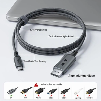 Kabel Acer USB-C DisplayPort (4K@60Hz, 2K@165Hz), kabel typu C Thunderbolt 3/4 na DP s MST,