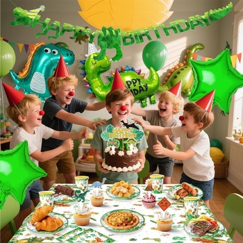 Sada narozeninových dekorací s dinosaury, 91 dílů párty potřeb pro 20 hostů, včetně velkých