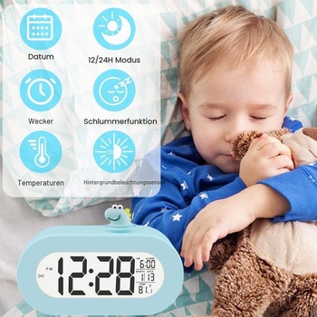 Digitální budík DTKID pro děti, datum/teplota, odložení buzení, podsvícení (světle modrý)