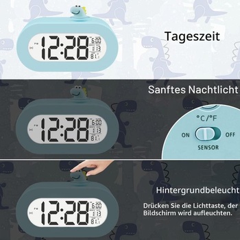 Digitální budík DTKID pro děti, datum/teplota, odložení buzení, podsvícení (světle modrý)