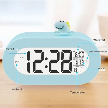 Digitální budík DTKID pro děti, datum/teplota, odložení buzení, podsvícení (světle modrý)