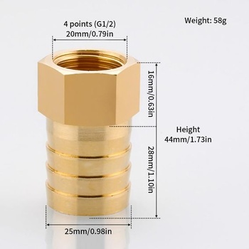 Mosadzná hadicová koncovka 1/2 palca, hrúbka hrúbky 25 mm, vnútorný závit G1/2, vnútorný závit