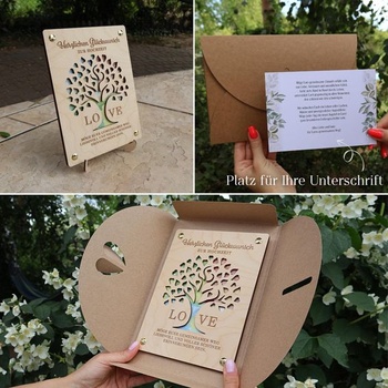 Darčekové balenie na svadobné peniaze so stojanom, blahoželaním a obálkou 20x15 cm - drevené svadobné