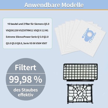 10 sáčkov do vysávača a 2 filtre pre Siemens Q5.0 VSQ5X1230 VSZ3XTRM11 S62