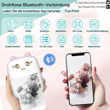 Prenosná mini tlačiareň, tlačiareň samolepiek bez atramentu s 8 rolkami papiera, Bluetooth, bezdrôtová