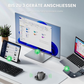 Bezdrátová myš TECKNET Bluetooth, 2.4G+2*BT ergonomická bezdrátová myš, dobíjecí šedá