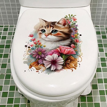 Samolepka na víko toalety, legrační kočka s květinovou dekorací, PVC samolepka na WC