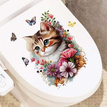 Samolepka na víko toalety, legrační kočka s květinovou dekorací, PVC samolepka na WC