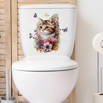 Samolepka na víko toalety, legrační kočka s květinovou dekorací, PVC samolepka na WC