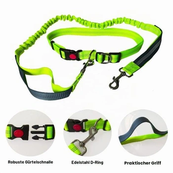 Zelené vodítko pre psa bez použitia rúk, nastaviteľný bedrový pás a dvojité uši, pružné bungee