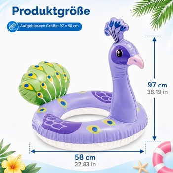 Nafukovací kruh s motívom páva 58 cm do bazéna a na pláž, kompaktný