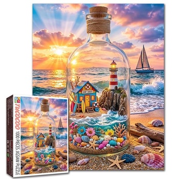 Puzzle s motívom mora, 1000 dielikov pre dospelých, pláž, maják v sklenenej fľaši, farebný oceán, západ