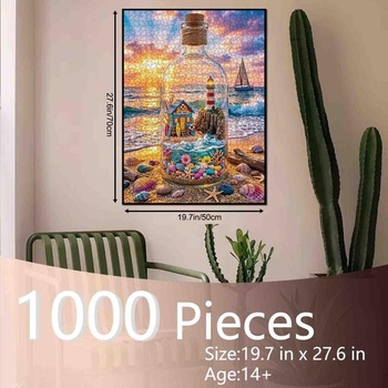 Puzzle s motívom mora, 1000 dielikov pre dospelých, pláž, maják v sklenenej fľaši, farebný oceán, západ