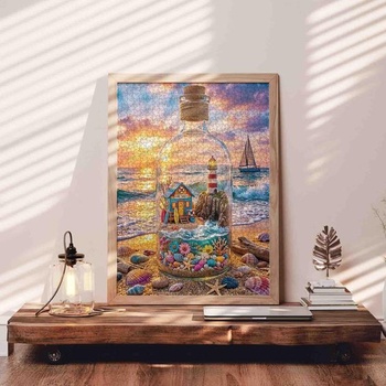 Puzzle s motívom mora, 1000 dielikov pre dospelých, pláž, maják v sklenenej fľaši, farebný oceán, západ