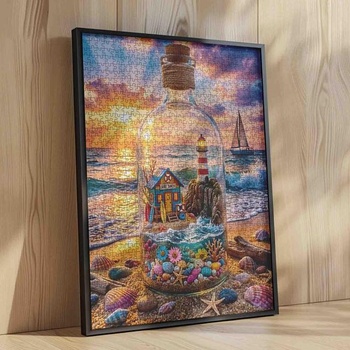 Puzzle s motívom mora, 1000 dielikov pre dospelých, pláž, maják v sklenenej fľaši, farebný oceán, západ