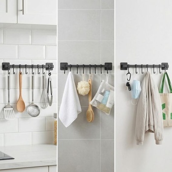 Tyč na kuchyňské háčky 40 cm, samolepicí nástěnné háčky, bez nutnosti vrtání, šedá