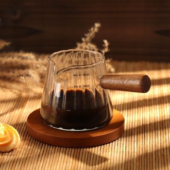 Odmerka na espresso Joeyan 180ml, sklo s drevenou rukoväťou, priehľadná, číra odmerka 180ml s