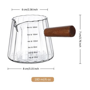 Odměrka na espresso Joeyan 180ml, sklo s dřevěnou rukojetí, průhledná, čirá odměrka 180ml s