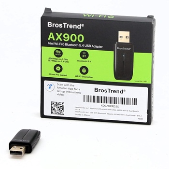 BrosTrend 2 v 1 WLAN Bluetooth adaptér pre PC, WiFi 6 AX900 + BT 5.4, USB WLAN adaptér dvojpásmový