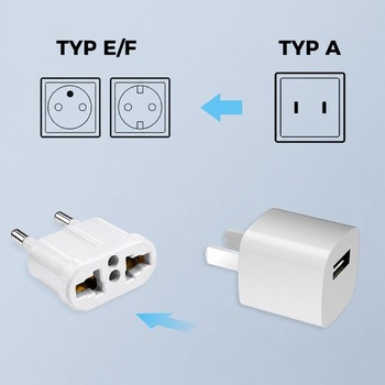Adaptéry ERBO US-EU, cestovné adaptéry ERBO, biela, 250 V 6 A, zástrčkový adaptér pre Nemecko a