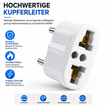 Adaptéry ERBO US-EU, cestovné adaptéry ERBO, biela, 250 V 6 A, zástrčkový adaptér pre Nemecko a