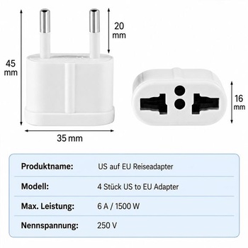 Adaptéry ERBO US-EU, cestovné adaptéry ERBO, biela, 250 V 6 A, zástrčkový adaptér pre Nemecko a
