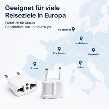 Adaptéry ERBO US-EU, cestovné adaptéry ERBO, biela, 250 V 6 A, zástrčkový adaptér pre Nemecko a