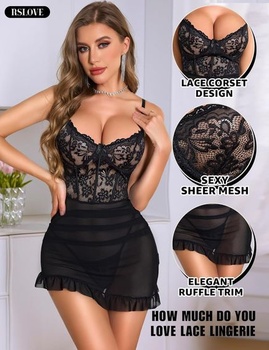 Dámska sexy nočná košieľka RSLOVE - krajková spodná bielizeň s tangami, darček pre intímne noci alebo