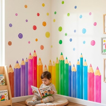 DECOWALL SG4-2522 XXL Farebné ceruzky Samolepka na stenu Dúhová samolepka na stenu Bodky Farebné ceruzky XL