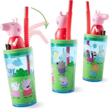Detský hrnček na pitie s viečkom a slamkou Prasiatko Peppa 360 ml - 3D figúrka, bez BPA, vhodný na