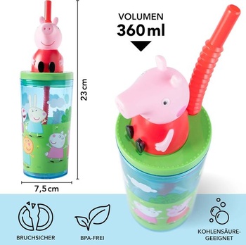 Detský hrnček na pitie s viečkom a slamkou Prasiatko Peppa 360 ml - 3D figúrka, bez BPA, vhodný na