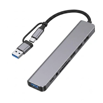 USB C Hub 8 v 2 s USB A, 4 USB porty, čítačkou SD/TF kariet…