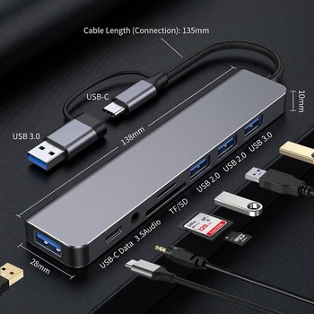 USB C Hub 8 v 2 s USB A, 4 USB porty, čítačkou SD/TF kariet a audio