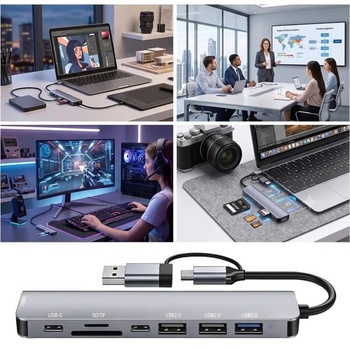 USB C Hub 8 v 2 s USB A, 4 USB porty, čítačkou SD/TF kariet a audio