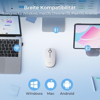 Seenda MOU001 Bluetooth myš, tichá, pripojenie 3 zariadení, bielo-strieborná