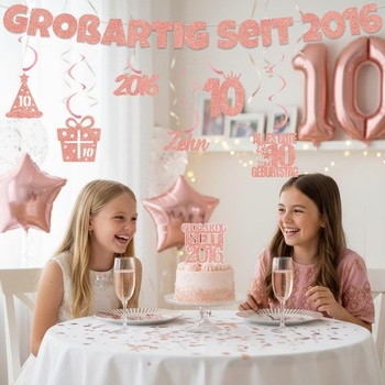 Růžovo-zlatá girlanda k 10. narozeninám pro dívky - banner k 10. narozeninám, ozdoba na dort a