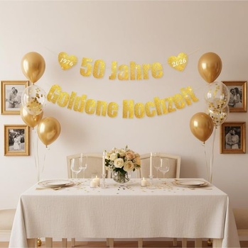 Zlaté svadobné dekorácie, zlatý banner k výročiu svadby, girlanda s trblietavými zlatými ozdobami na 50.