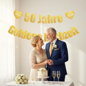 Zlaté svadobné dekorácie, zlatý banner k výročiu svadby, girlanda s trblietavými zlatými ozdobami na 50.