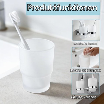 Sada 2 skleněných držáků na zubní kartáčky, matný kelímek na zubní kartáček, kelímek na ústní vodu,