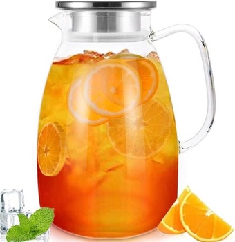 Sklenená karafa s vekom, 2 litre; džbán na vodu z borosilikátového skla s jemným sitkom.