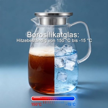 Sklenená karafa s vekom, 2 litre; džbán na vodu z borosilikátového skla s jemným sitkom.