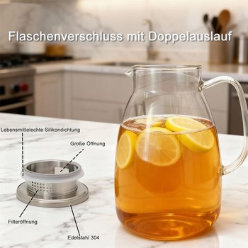 Sklenená karafa s vekom, 2 litre; džbán na vodu z borosilikátového skla s jemným sitkom.