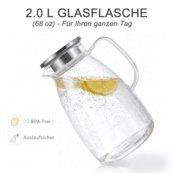 Sklenená karafa s vekom, 2 litre; džbán na vodu z borosilikátového skla s jemným sitkom.