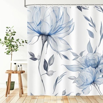 Modrý kvetinový sprchový záves 180x180 cm, textilný sprchový záves s akvarelovým kvetinovým vzorom,
