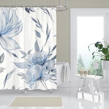 Modrý kvetinový sprchový záves 180x180 cm, textilný sprchový záves s akvarelovým kvetinovým vzorom,