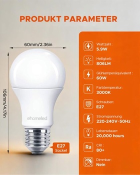 E27 LED teplá biela, 5,9 W, nahrádza 60W žiarovku, 3000 K teplá biela žiarovka E27