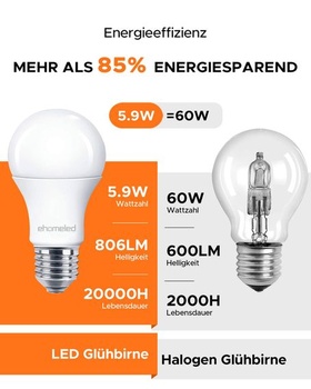 E27 LED teplá biela, 5,9 W, nahrádza 60W žiarovku, 3000 K teplá biela žiarovka E27