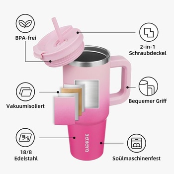 BJPKPK 1200 ml izolovaný hrnek z nerezové oceli s uchem, víčkem a brčkem Cherry Blossom 1,2 l