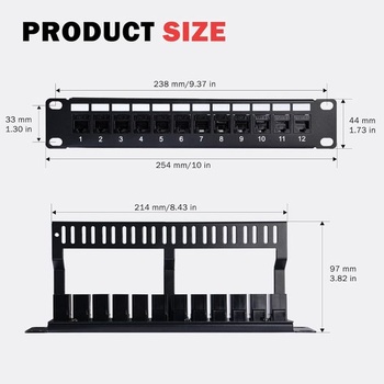 12portový patch panel GeeekPi Cat6, 1U pre 10palcové racky – modulárny panel s Keystone spojkami a